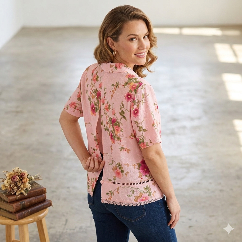 Karin Stevens Floral Vintage Pink Jacquard Open Back Lace Trim Blouse 10